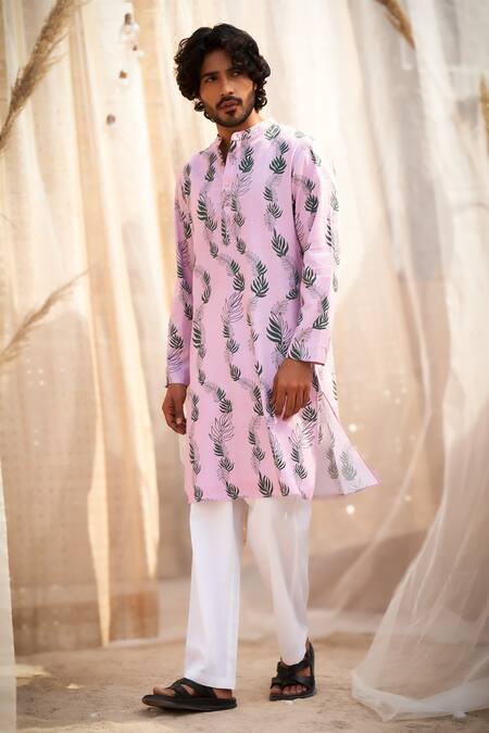 Charkhee Pink Cotton Satin, Poplin Leaf Print Kurta Set at Aza Fashions Charkhee_Pink Cotton Satin, Poplin Leaf Print Kurta Set _at_Aza_Fashions