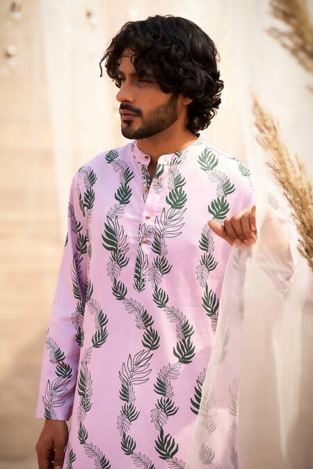 Buy Charkhee Pink Cotton Satin, Poplin Leaf Print Kurta Set Buy_Charkhee_Pink Cotton Satin, Poplin Leaf Print Kurta Set