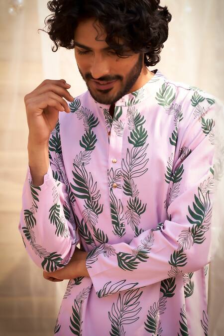 Shop Charkhee Pink Cotton Satin, Poplin Leaf Print Kurta Set Shop_Charkhee_Pink Cotton Satin, Poplin Leaf Print Kurta Set