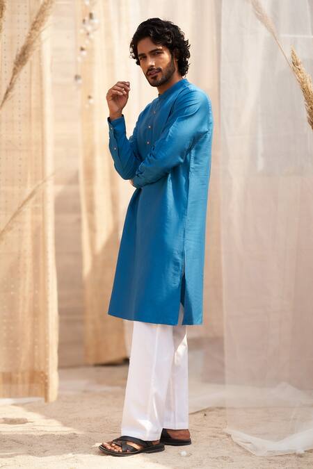 Charkhee Blue Cotton Satin, Poplin Plain Ocean Kurta Set Online at Aza Fashions Charkhee_Blue Cotton Satin, Poplin Plain Ocean Kurta Set _Online_at_Aza_Fashions