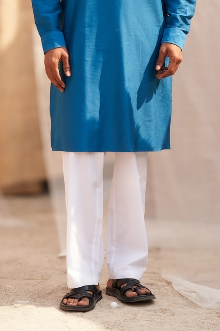 Shop Charkhee Blue Cotton Satin, Poplin Plain Ocean Kurta Set Online at Aza Fashions Shop_Charkhee_Blue Cotton Satin, Poplin Plain Ocean Kurta Set _Online_at_Aza_Fashions