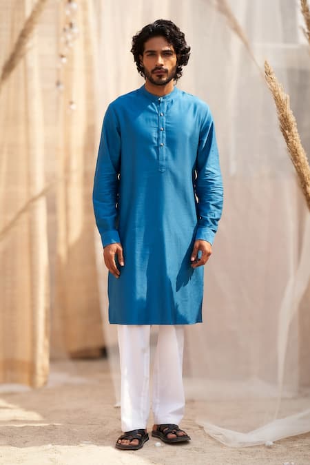 Charkhee Blue Cotton Satin, Poplin Plain Ocean Kurta Set at Aza Fashions Charkhee_Blue Cotton Satin, Poplin Plain Ocean Kurta Set _at_Aza_Fashions