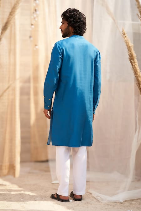Shop Charkhee Blue Cotton Satin, Poplin Plain Ocean Kurta Set at Aza Fashions Shop_Charkhee_Blue Cotton Satin, Poplin Plain Ocean Kurta Set _at_Aza_Fashions