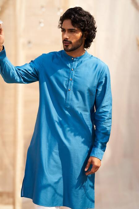 Buy Charkhee Blue Cotton Satin, Poplin Plain Ocean Kurta Set Buy_Charkhee_Blue Cotton Satin, Poplin Plain Ocean Kurta Set