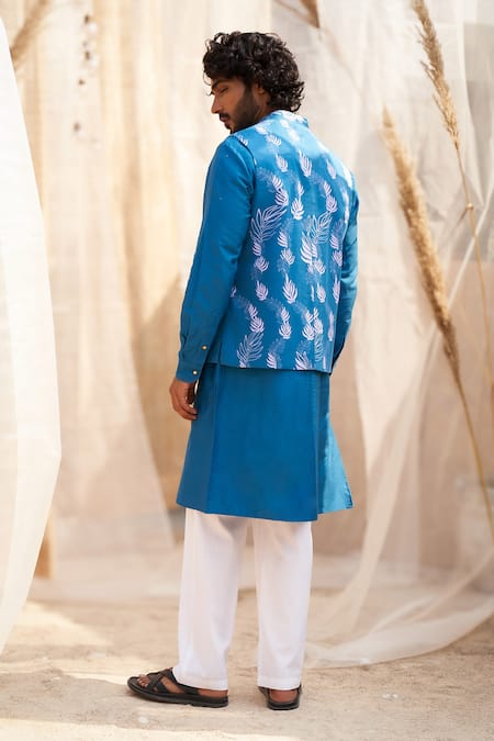 Shop Charkhee Blue Cotton Satin, Poplin Leaf Printed Nehru Jacket Set at Aza Fashions Shop_Charkhee_Blue Cotton Satin, Poplin Leaf Printed Nehru Jacket Set _at_Aza_Fashions