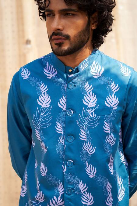 Buy Charkhee Blue Cotton Satin, Poplin Leaf Printed Nehru Jacket Set Online at Aza Fashions Buy_Charkhee_Blue Cotton Satin, Poplin Leaf Printed Nehru Jacket Set _Online_at_Aza_Fashions