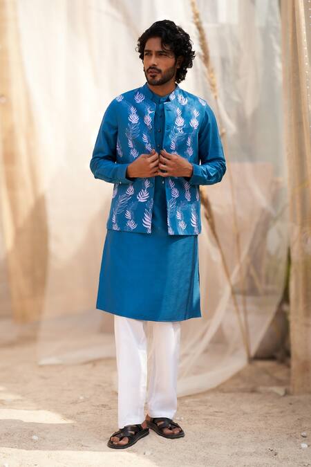 Shop Charkhee Blue Cotton Satin, Poplin Leaf Printed Nehru Jacket Set Online at Aza Fashions Shop_Charkhee_Blue Cotton Satin, Poplin Leaf Printed Nehru Jacket Set _Online_at_Aza_Fashions