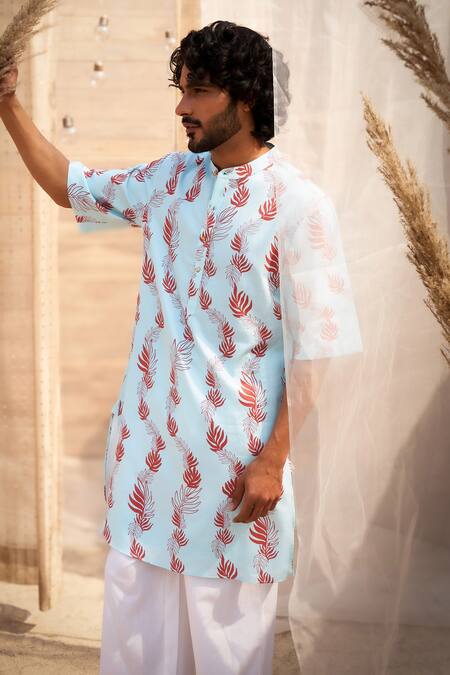 Charkhee_Blue Cotton Satin, Poplin Printed Light Kurta Set _Online_at_Aza_Fashions