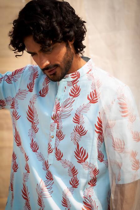 Buy_Charkhee_Blue Cotton Satin, Poplin Printed Light Kurta Set _Online_at_Aza_Fashions