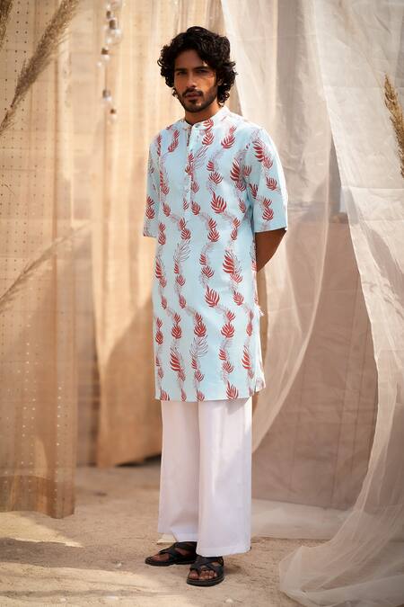 Shop_Charkhee_Blue Cotton Satin, Poplin Printed Light Kurta Set _Online_at_Aza_Fashions