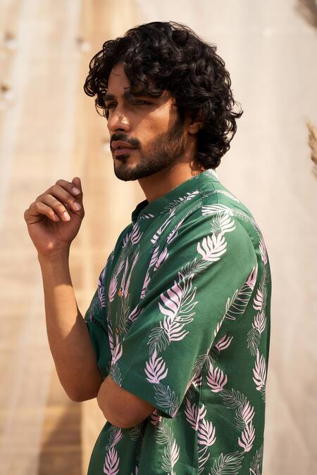 Shop Charkhee Green Cotton Satin, Poplin Printed Kurta Set Online at Aza Fashions Shop_Charkhee_Green Cotton Satin, Poplin Printed Kurta Set _Online_at_Aza_Fashions