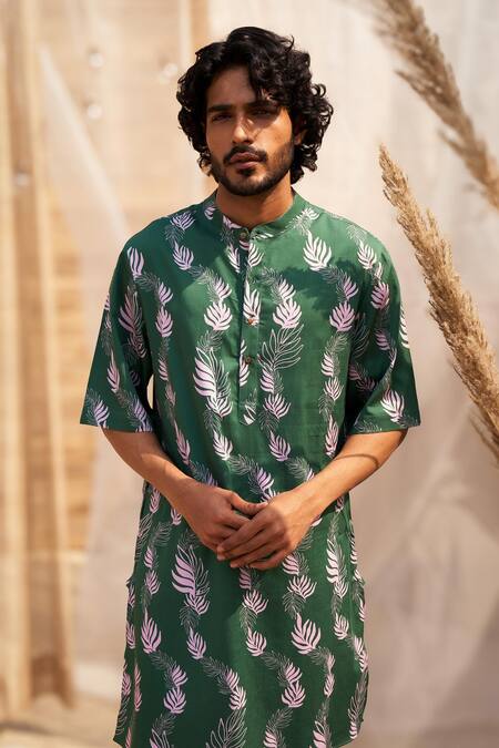 Charkhee Green Cotton Satin, Poplin Printed Kurta Set at Aza Fashions Charkhee_Green Cotton Satin, Poplin Printed Kurta Set _at_Aza_Fashions