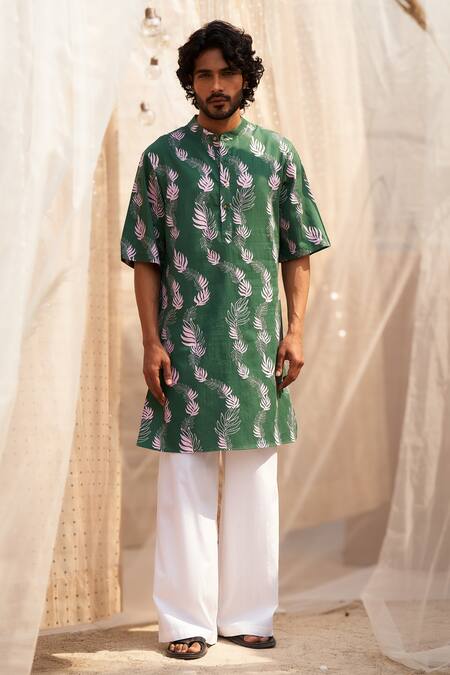 Shop Charkhee Green Cotton Satin, Poplin Printed Kurta Set Shop_Charkhee_Green Cotton Satin, Poplin Printed Kurta Set