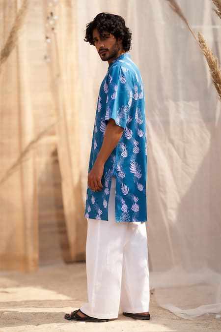 Shop Charkhee Blue Cotton Satin, Poplin Embroidery Printed Ocean Kurta Set at Aza Fashions Shop_Charkhee_Blue Cotton Satin, Poplin Embroidery Printed Ocean Kurta Set _at_Aza_Fashions