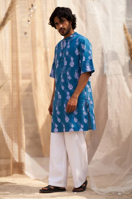 Shop Charkhee Blue Cotton Satin, Poplin Embroidery Printed Ocean Kurta Set Online at Aza Fashions Shop_Charkhee_Blue Cotton Satin, Poplin Embroidery Printed Ocean Kurta Set _Online_at_Aza_Fashions
