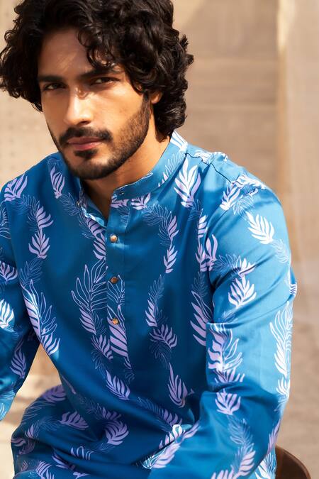 Charkhee Blue Cotton Satin, Poplin Embroidery Printed Ocean Kurta Set at Aza Fashions Charkhee_Blue Cotton Satin, Poplin Embroidery Printed Ocean Kurta Set _at_Aza_Fashions