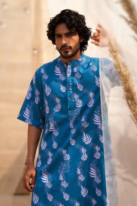 Buy Charkhee Blue Cotton Satin, Poplin Embroidery Printed Ocean Kurta Set Buy_Charkhee_Blue Cotton Satin, Poplin Embroidery Printed Ocean Kurta Set