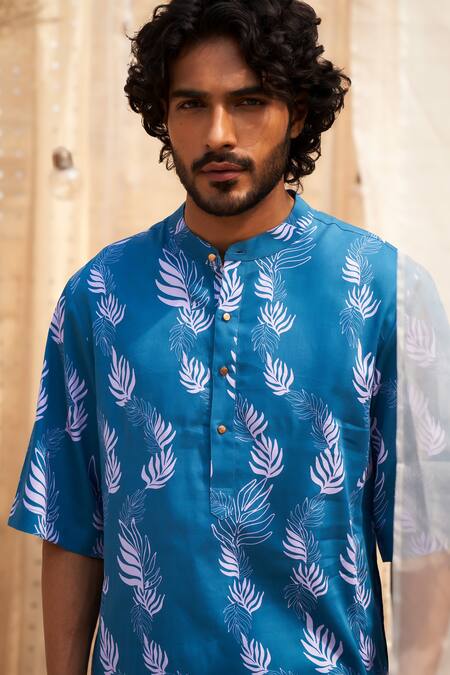 Shop Charkhee Blue Cotton Satin, Poplin Embroidery Printed Ocean Kurta Set Shop_Charkhee_Blue Cotton Satin, Poplin Embroidery Printed Ocean Kurta Set