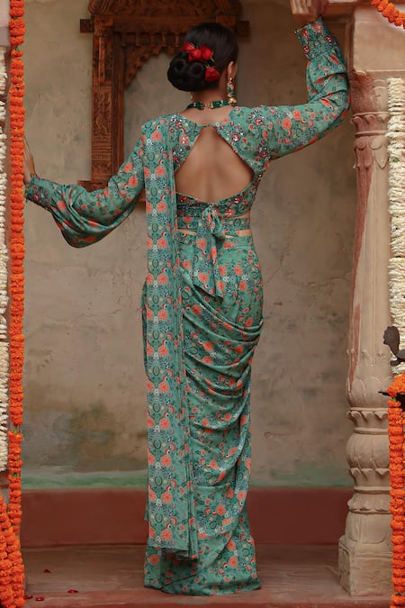 Gazab by Miku Kumar Boho Print Green Pre-Draped Saree Set 