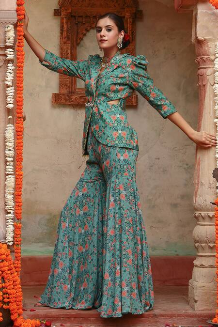 Buy Gazab by Miku Kumar Green Chanderi Silk, Georgette Embroidery V-neck Printed Jacket And Sharara Set Online at Aza Fashions Buy_Gazab by Miku Kumar_Green Chanderi Silk, Georgette Embroidery V-neck Printed Jacket And Sharara Set _Online_at_Aza_Fashions