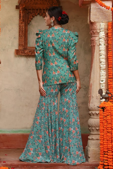 Shop Gazab by Miku Kumar Green Chanderi Silk, Georgette Embroidery V-neck Printed Jacket And Sharara Set at Aza Fashions Shop_Gazab by Miku Kumar_Green Chanderi Silk, Georgette Embroidery V-neck Printed Jacket And Sharara Set _at_Aza_Fashions