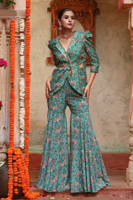 Gazab by Miku Kumar Green Chanderi Silk, Georgette Embroidery V-neck Printed Jacket And Sharara Set at Aza Fashions Gazab by Miku Kumar_Green Chanderi Silk, Georgette Embroidery V-neck Printed Jacket And Sharara Set _at_Aza_Fashions