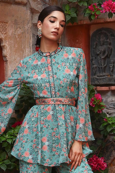 Gazab by Miku Kumar Green Georgette Embroidery Collared Boho Printed Peplum Kurta Set Online at Aza Fashions Gazab by Miku Kumar_Green Georgette Embroidery Collared Boho Printed Peplum Kurta Set _Online_at_Aza_Fashions