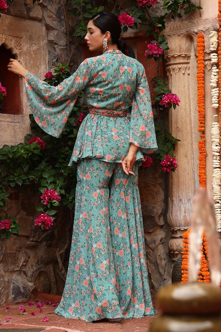 Shop Gazab by Miku Kumar Green Georgette Embroidery Collared Boho Printed Peplum Kurta Set at Aza Fashions Shop_Gazab by Miku Kumar_Green Georgette Embroidery Collared Boho Printed Peplum Kurta Set _at_Aza_Fashions