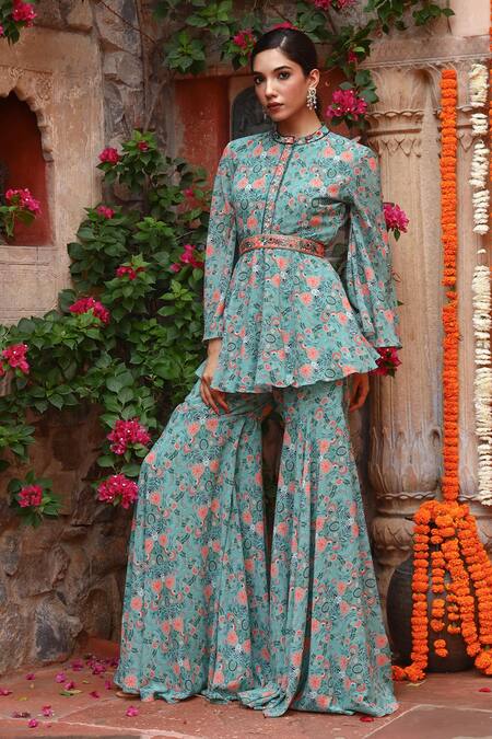 Buy Gazab by Miku Kumar Green Georgette Embroidery Collared Boho Printed Peplum Kurta Set Buy_Gazab by Miku Kumar_Green Georgette Embroidery Collared Boho Printed Peplum Kurta Set