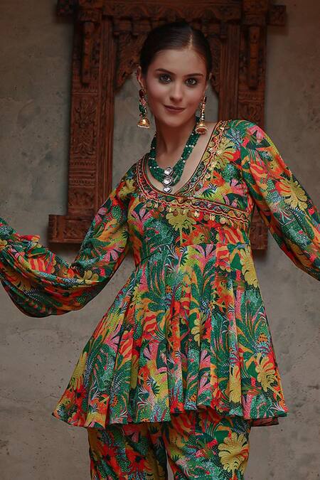 Gazab by Miku Kumar Green Georgette Embroidery Round Neck Tree Print Angrakha Kurta Set Online at Aza Fashions Gazab by Miku Kumar_Green Georgette Embroidery Round Neck Tree Print Angrakha Kurta Set _Online_at_Aza_Fashions