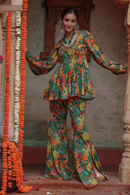 Shop Gazab by Miku Kumar Green Georgette Embroidery Round Neck Tree Print Angrakha Kurta Set Online at Aza Fashions Shop_Gazab by Miku Kumar_Green Georgette Embroidery Round Neck Tree Print Angrakha Kurta Set _Online_at_Aza_Fashions