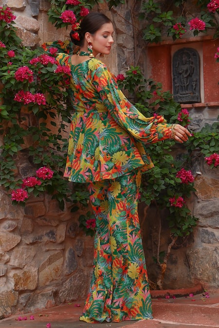 Shop Gazab by Miku Kumar Green Georgette Embroidery Round Neck Tree Print Angrakha Kurta Set at Aza Fashions Shop_Gazab by Miku Kumar_Green Georgette Embroidery Round Neck Tree Print Angrakha Kurta Set _at_Aza_Fashions