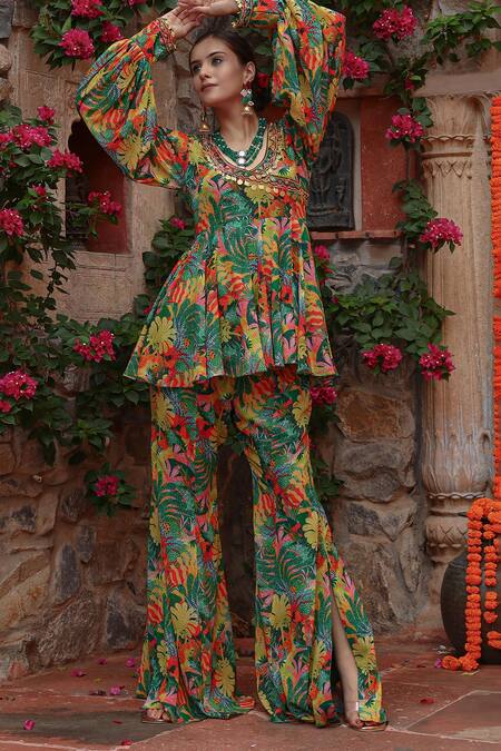 Buy Gazab by Miku Kumar Green Georgette Embroidery Round Neck Tree Print Angrakha Kurta Set Buy_Gazab by Miku Kumar_Green Georgette Embroidery Round Neck Tree Print Angrakha Kurta Set