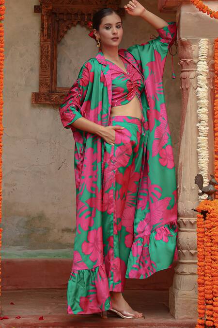 Shop_Gazab by Miku Kumar_Green Silk Embroidery Floral Print Cape Pant Set _Online_at_Aza_Fashions