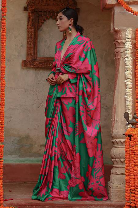 Buy_Gazab by Miku Kumar_Pink Silk Beads, Embroidery V-neck Printed Green Saree With Jacket _Online_at_Aza_Fashions