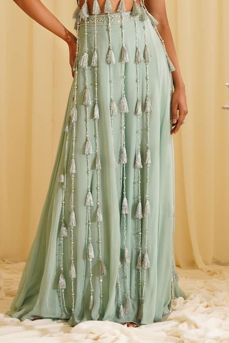 Jade By Ashima_Green Georgette, Organza Beads, Crystals, Embroidery, Crop-top Sharara Set _Online_at_Aza_Fashions