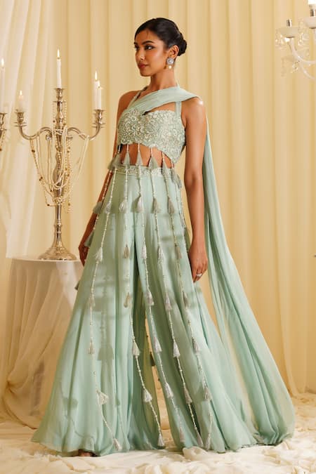 Buy_Jade By Ashima_Green Georgette, Organza Beads, Crystals, Embroidery, Crop-top Sharara Set _Online_at_Aza_Fashions