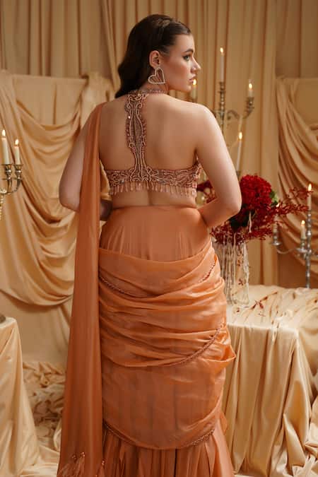 Jade By Ashima Embroidered Halter Neck Drape Saree Set 