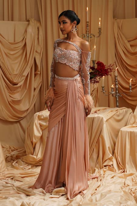 Jade By Ashima_Rose Gold Satin, Net Pearls, Crystals, Feathers One Clara Drape Saree Set _Online_at_Aza_Fashions