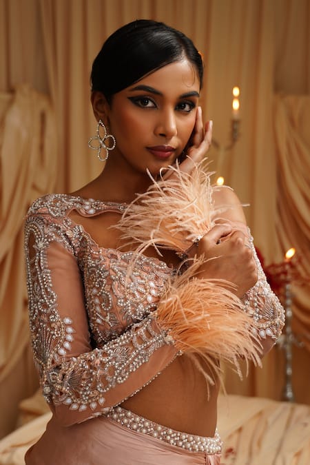 Jade By Ashima_Rose Gold Satin, Net Pearls, Crystals, Feathers One Clara Drape Saree Set _at_Aza_Fashions