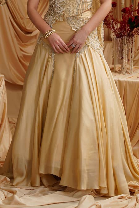 Jade By Ashima_Gold Oxford, Organza, Silk Pearls, Crystals V-neck Hand Embroidered Lehenga Set _Online_at_Aza_Fashions
