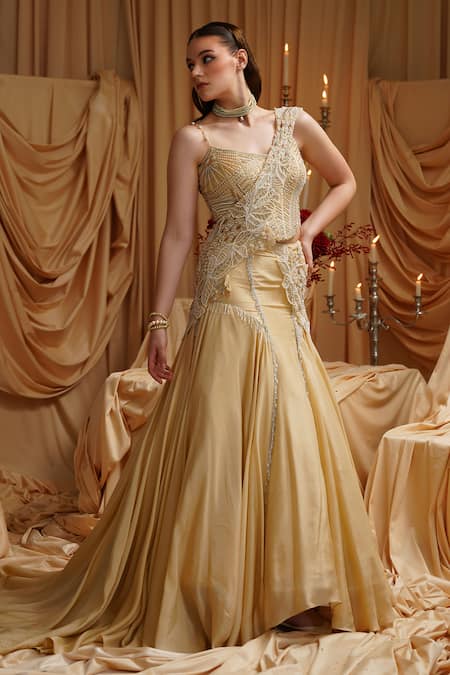 Buy_Jade By Ashima_Gold Oxford, Organza, Silk Pearls, Crystals V-neck Hand Embroidered Lehenga Set _Online_at_Aza_Fashions