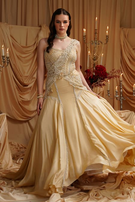 Shop_Jade By Ashima_Gold Oxford, Organza, Silk Pearls, Crystals V-neck Hand Embroidered Lehenga Set _Online_at_Aza_Fashions