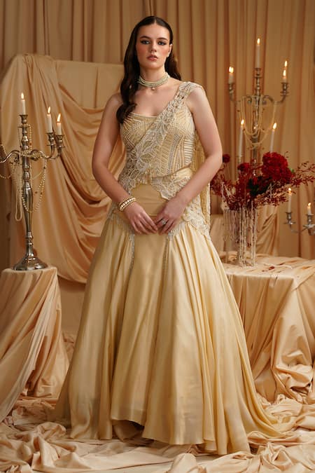 Jade By Ashima_Gold Oxford, Organza, Silk Pearls, Crystals V-neck Hand Embroidered Lehenga Set _at_Aza_Fashions