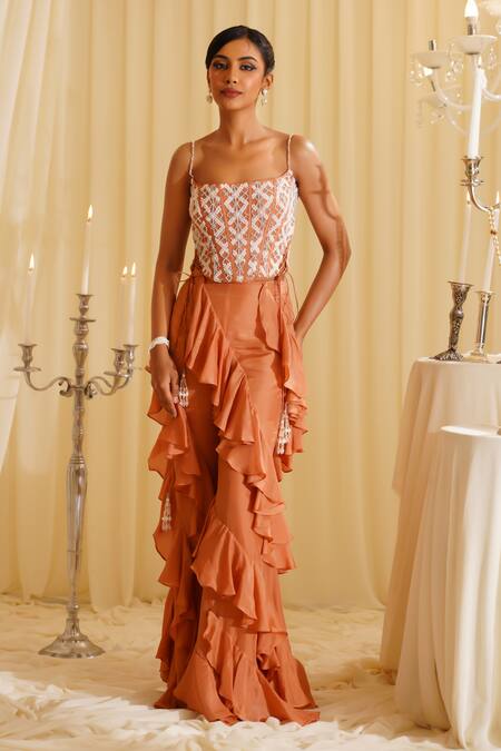 Jade By Ashima_Orange Organza, Cotton Embroidery, Pearls Square Corset And Ruffle Sharara Set _at_Aza_Fashions