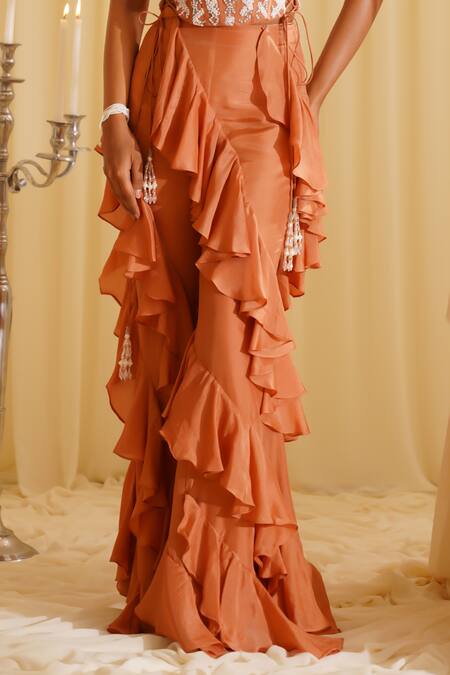Buy_Jade By Ashima_Orange Organza, Cotton Embroidery, Pearls Square Corset And Ruffle Sharara Set 