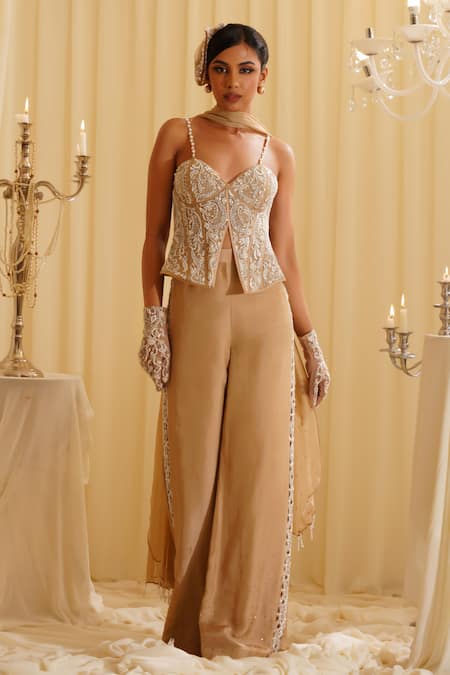 Buy_Jade By Ashima_Cream Organza Pearls, Crystals Sweetheart Neck Embroidered Corset Pant Set _Online_at_Aza_Fashions