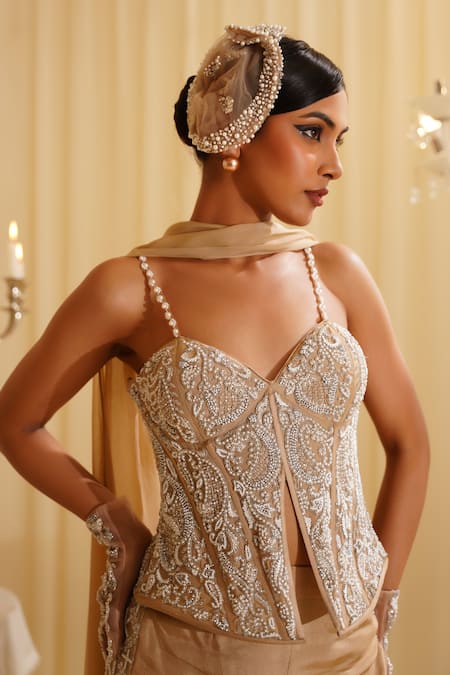 Shop_Jade By Ashima_Cream Organza Pearls, Crystals Sweetheart Neck Embroidered Corset Pant Set 
