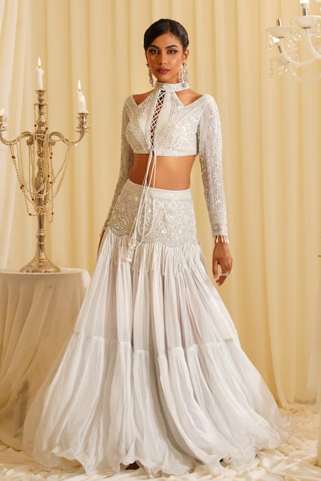 Buy Jade By Ashima White Organza, Lycra Pearls, Crystals Halter Neck Embellished Co-ord Set Online at Aza Fashions Buy_Jade By Ashima_White Organza, Lycra Pearls, Crystals Halter Neck Embellished Co-ord Set _Online_at_Aza_Fashions