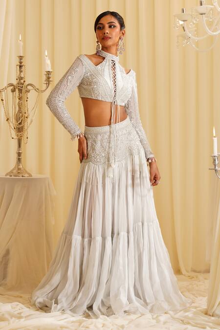 Shop Jade By Ashima White Organza, Lycra Pearls, Crystals Halter Neck Embellished Co-ord Set Online at Aza Fashions Shop_Jade By Ashima_White Organza, Lycra Pearls, Crystals Halter Neck Embellished Co-ord Set _Online_at_Aza_Fashions